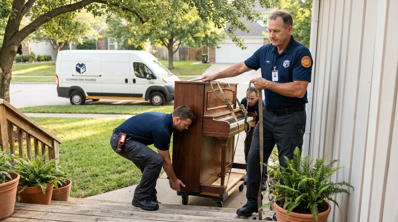 Licensed piano movers securing grand piano in Troy, AL