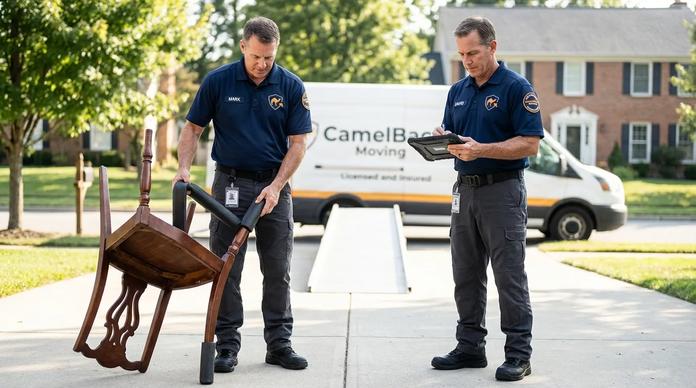 Movers inspecting furniture for damage prevention before loading in Troy, AL