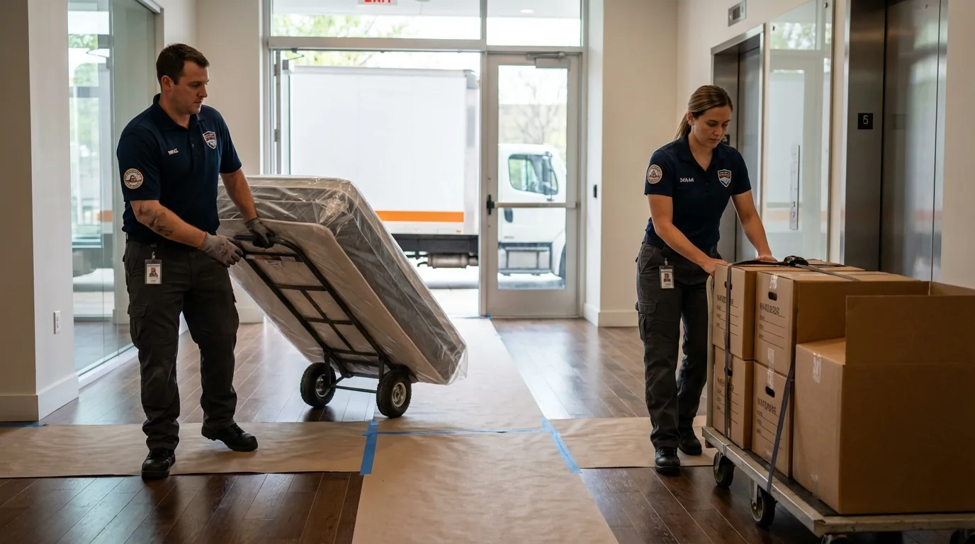 Professional apartment movers loading elevator in Troy, AL